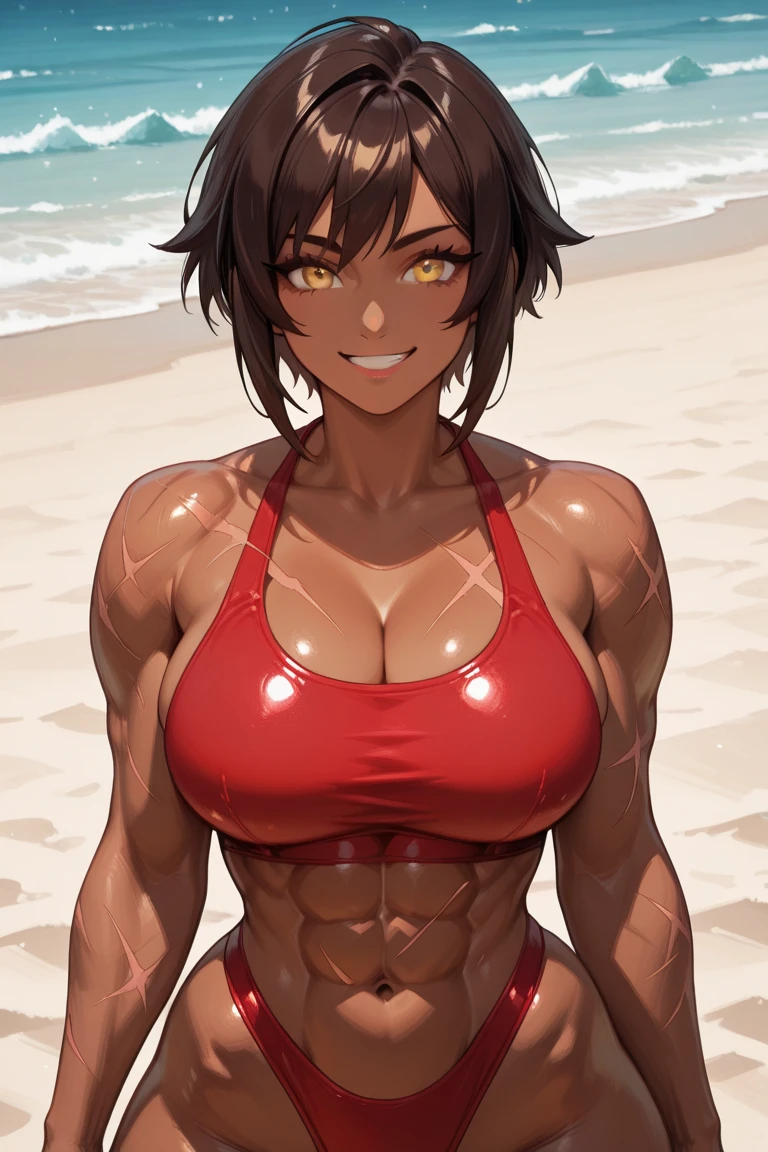 ,(best quality, ultra-detailed, realistic:1.37, masterpiece:1.2), woman, beautiful detailed eyes, beautiful detailed lips, brown hair tied up, smile,red micro bikini, (muscular body:1.1),slim figure, caustics, textile shading, toned body, clean abs, palm trees swaying, messy flipped short hair,