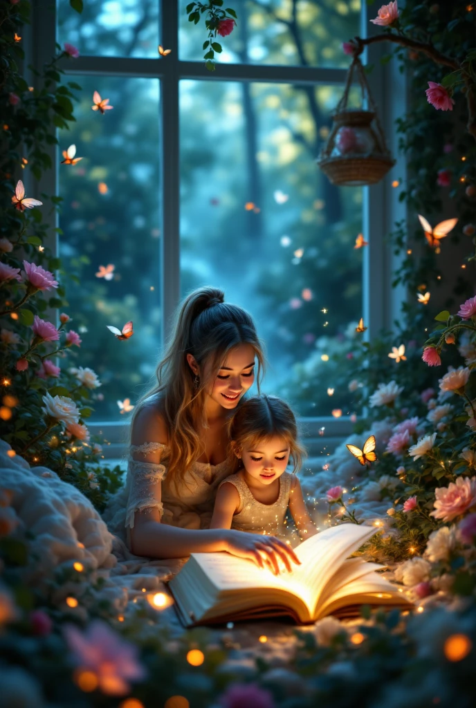 A mom reads a fairy tale book to her daughter . The story comes to life and comes out of the book.the magic world opens all around the bed