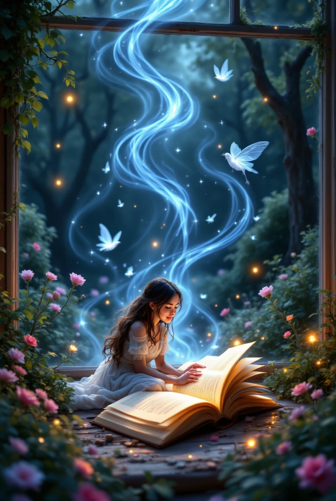 A mom reads a fairy tale book to her daughter . The story comes to life and comes out of the book.the magic world opens all around the bed