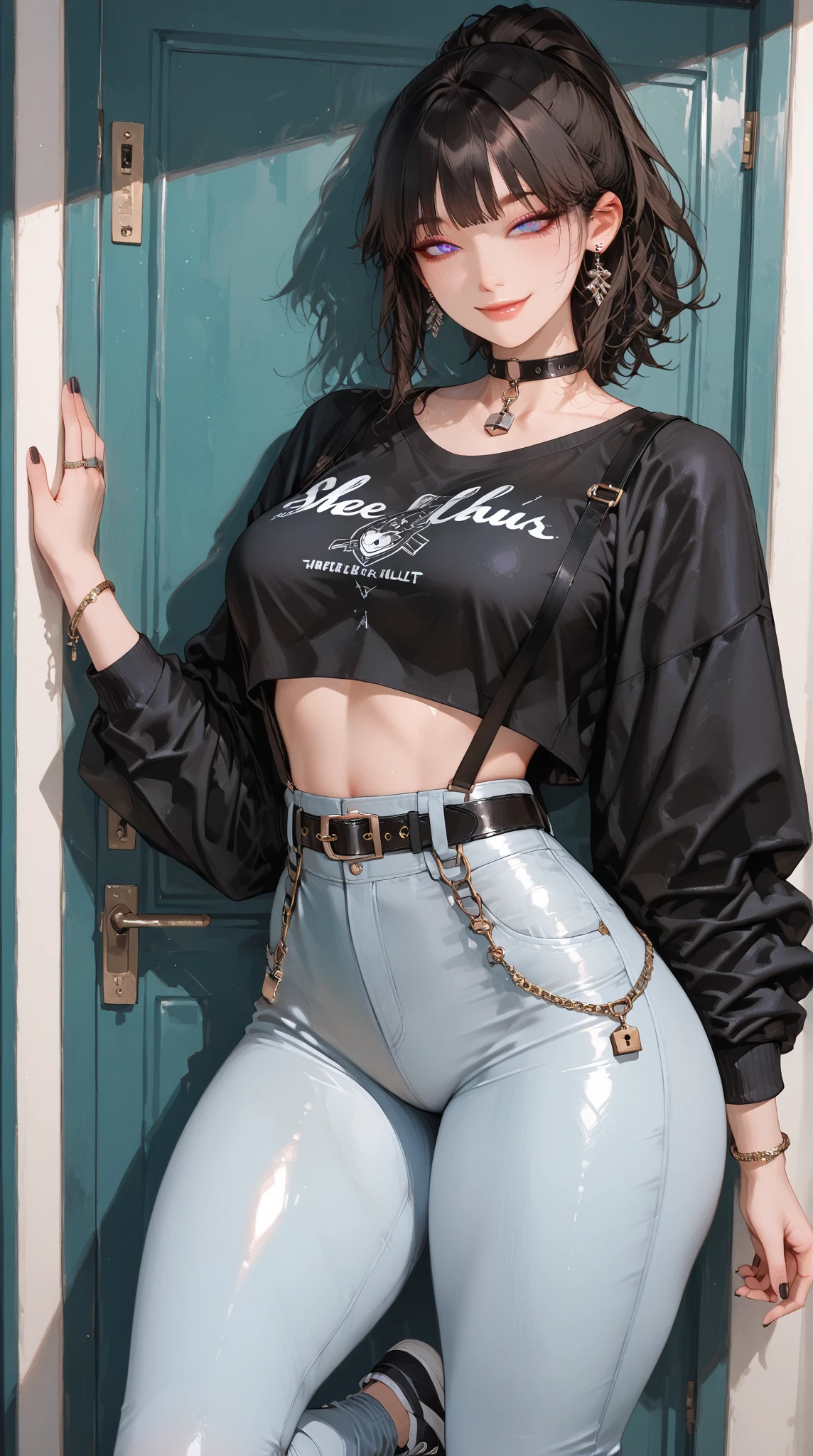 22 year old white female、Hair color is brunette、blue eyes、long hair、The ends of the hair are wavy、accessories on wrist、wearing a necklace、has earrings、skin is smooth、Slender but muscular body、smile、Wearing a sleeveless black high-neck zipper-up top、wearing skinny jeans、The rear door of an ambulance parked on a road in a built-up area of New York is open.、sitting in an ambulance