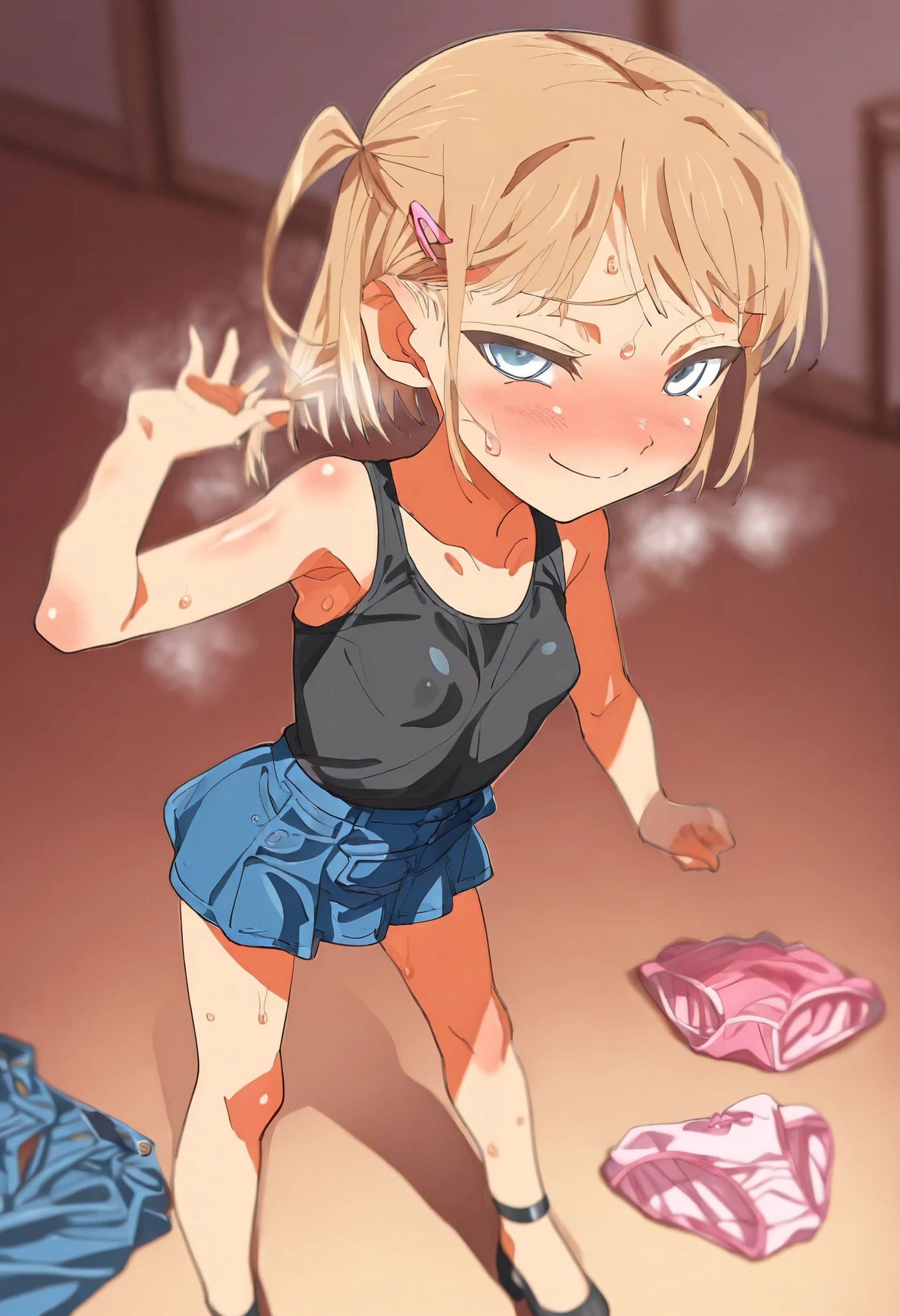 girl 1 person 、solo、、steaming body、Partially Opened Buttons、(See-through clothes that let your hair through、Sweat stains、:1.3)、Grab clothes 、underwearを掴んでいる、 pants removed、underwear、chest、large pink cotton panties that run through hair、stare at the viewer、 unworn panties 、Younger than my daughter、 Gold、two side up、Short hair、hair ornament、cute、大きなchest、short、small、I'm slender 、black tank top、 denim micro skirt with ankle strap 、female 、smile、stare at the viewer、、masterpiece、最High Quality、High Quality、Very Aesthetic、absurd、newest、cinematic writing、bedroom、