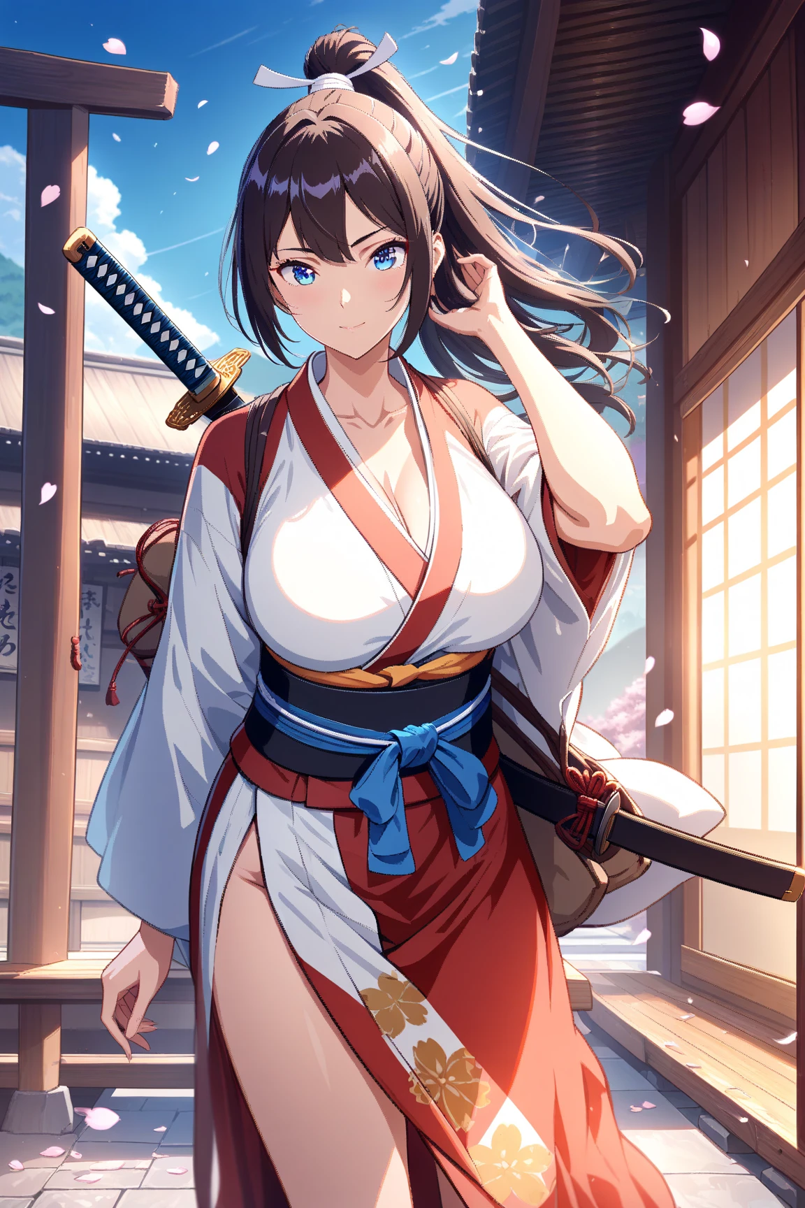 female ronin, wearing a bamboo hat, pretty, big boobs, winks at the viewer, Sword in both hands, you see the whole body, runs to the spectator