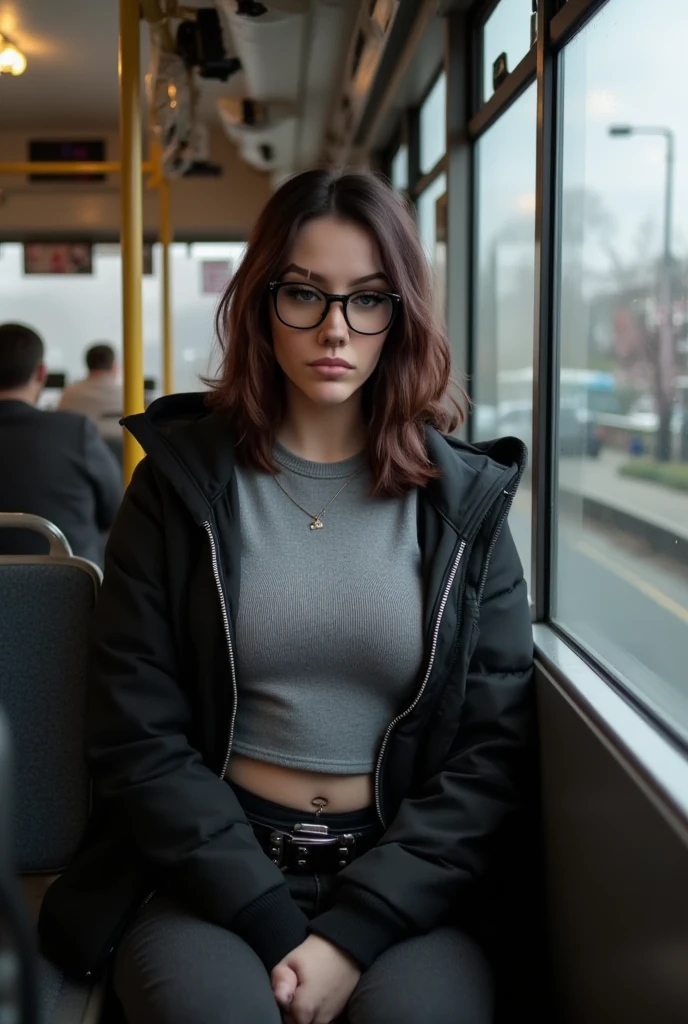 high school girl wearing leggings on escalator with lipstick and a nerdy hair bun