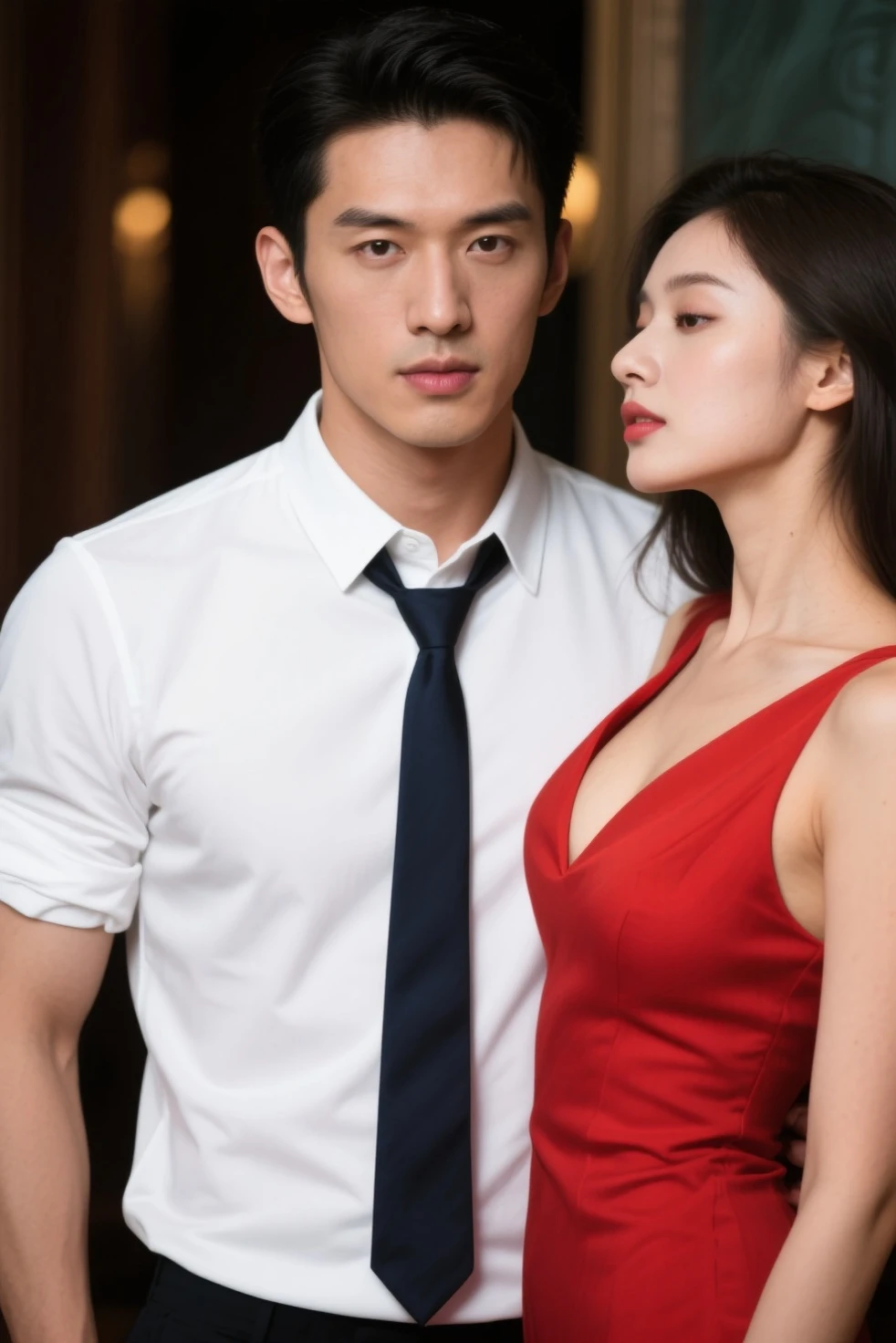highly detailed ，8k , highest quality, （original photo：1.5），((male and female couple:1.3))、((standing:1.5))、（Boy kisses girl：1.2）、（boy wearing pants、muscular boy、abdominal muscles：1.6）、（The girl is wearing a tight top、huge breasts、Long curly hair、Perfect body、slender legs、Sexy high heels：1.2）kiss。