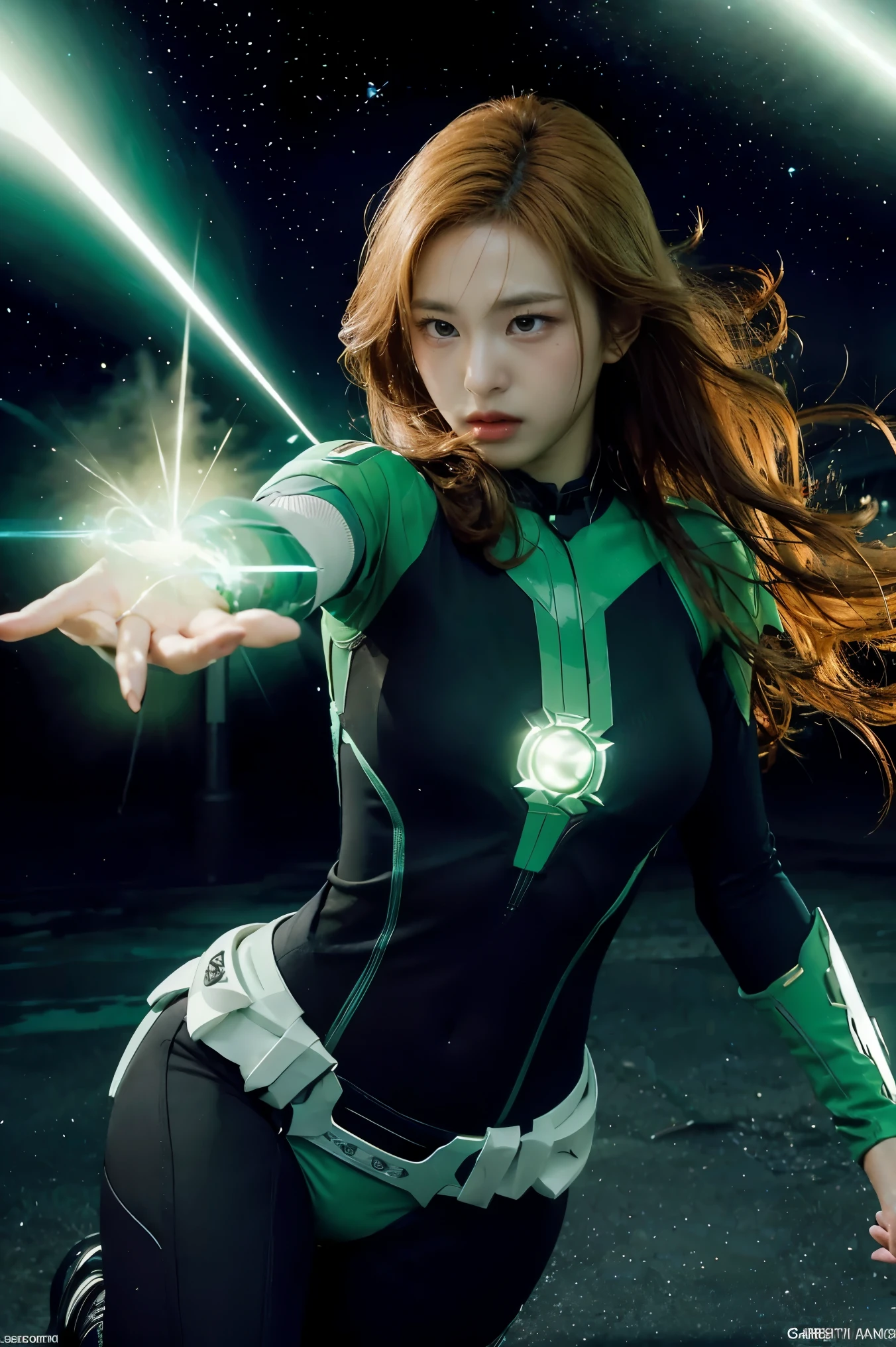 (best quality, 4k, highres, photorealistic), (concept art: 1.2), (bright colors: 1.1), (glowing effect: 1.1), (intense green: 1.2), (dynamic pose: 1.1), (powerful aura: 1.2), (fierce expression: 1.1), (sparkling eyes: 1.1), (flowing hair: 1.1), (ethereal beauty: 1.3), (background: cosmic scenery), (cosmic energy: 1.2), (vibrant stars: 1.1), (energy beams: 1.1), (futuristic technology: 1.2)
A beautiful woman with lined lips, wearing a green bodysuit that tightly hugs her muscular and toned skin. Her outfit covers her navel and is adorned with intricate makeup designs. She is the iconic Green Lantern, a superhero from the DC Comics universe with extraordinary powers.
This version of Green Lantern is a muscular and powerful female character, wearing an all-green uniform that accentuates her figure. Her bodysuit is fitted to her form, emphasizing her curves. The viewer's attention is drawn to her medium-sized breasts, which are beautifully detailed and add to her realism and overall aesthetic.
As she looks directly at the viewer, her captivating gaze is enhanced by the realism of her eyes, which sparkle with intensity. Her expression is fierce and determined, displaying her unwavering dedication to protecting the innocent.
The artwork is of the highest quality, with a resolution of 4K, showcasing every ultra-detailed aspect of the beautiful woman. The photorealistic style brings her to life, making her appear as if she could step off the canvas and into reality.
The artist has captured the essence of Green Lantern's power and aura, with a vibrant and dynamic pose. Her body emanates a powerful and glowing green energy, forming a captivating cosmic scenery background. The starry night sky is filled with vibrant and vivid colors, giving the artwork an otherworldly feel.
The cosmic energy radiating from Green Lantern is depicted through energy beams and futuristic technology surrounding her. The intensity of her power is further emphasized by the bright and glo