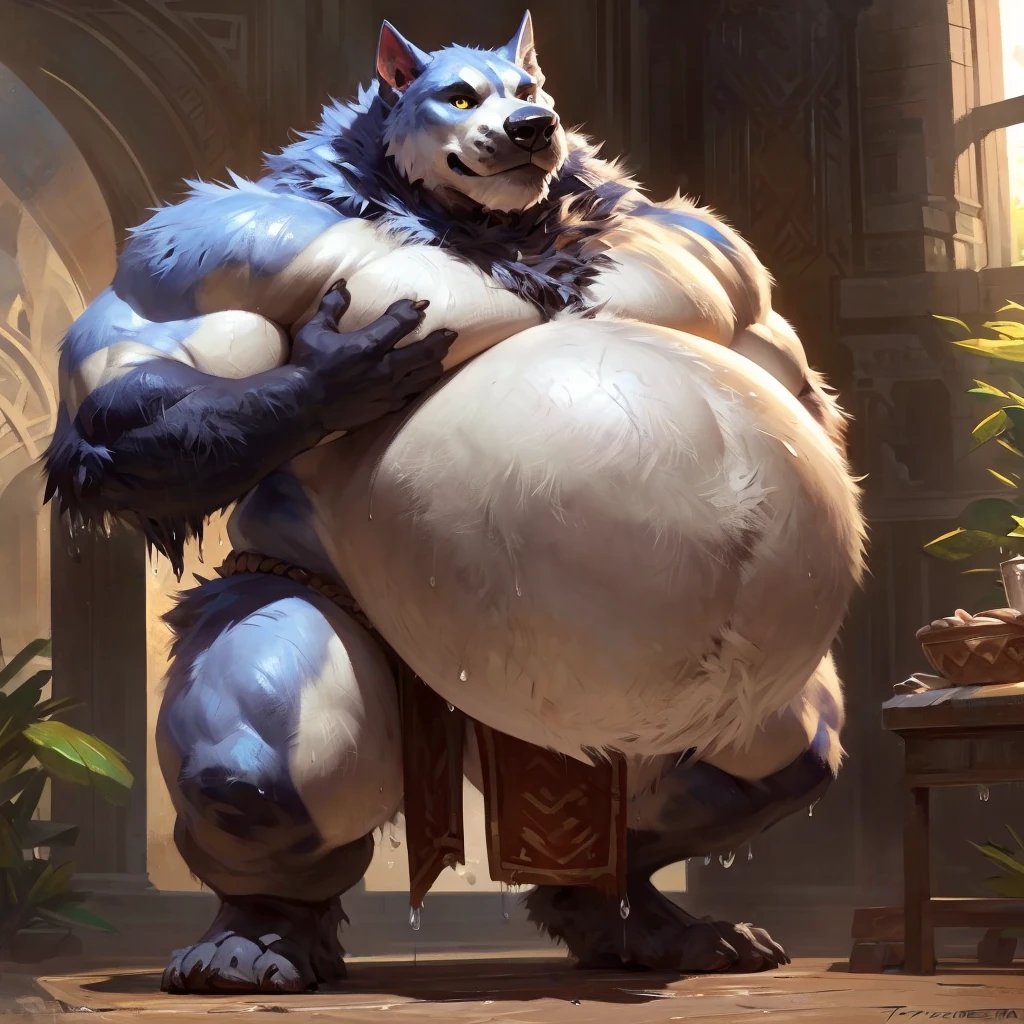 solo, anthro, furry, furry male, skunk,((short fur,furry, shaggy fur, opaque fur)), (skunk print), black pupils, white sclera, black body, black fur, black muzzle, black fur on face, indigo eye, big skunk tail, detailed  fur, detailed face, detailed eyes, (Mayan clothing, Mayan neckpiece, Mayan bottoms), Mayan temple, lots of pillows and soft surfaces, (by null-ghost,by raccoon21, masterpiece, high quality, hi-res, 8k, hd, dark), standing, offering hand to viewer, looking at viewer, day, gentle expression, musclegut skunk man, muscular, big belly, fat belly, obese belly, pillowy pectorals, soft pectorals, big pectorals, weight-lifter build, broad shoulders, black fur, indigo eyes, pink pawpads, mid 30s, relaxed, lazy, indigo smoke, white Mohawk,