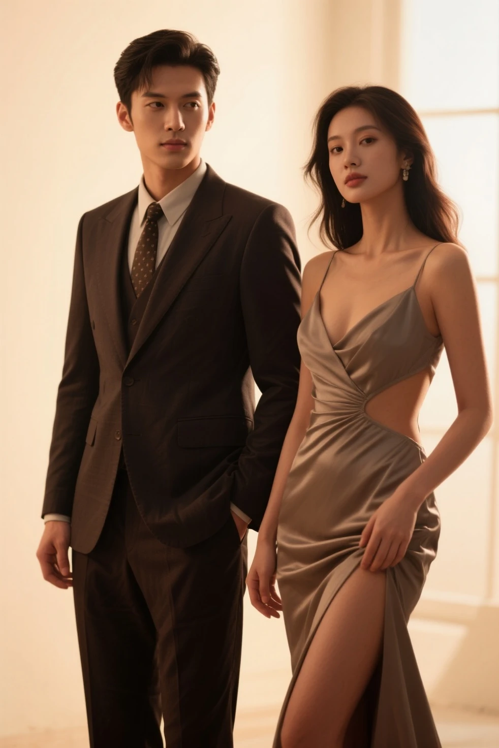 This lesbian couple radiates strength, charm, and beauty, captivating all who encounter their striking presence. (Alex, a tan-skinned Filipino with an alluring face and manbun undercut, is a stern and charming entrepreneur donning a fitted black suit without a tie). Myunghee, a gorgeous Korean, exudes grace in a sleeveless white dress.