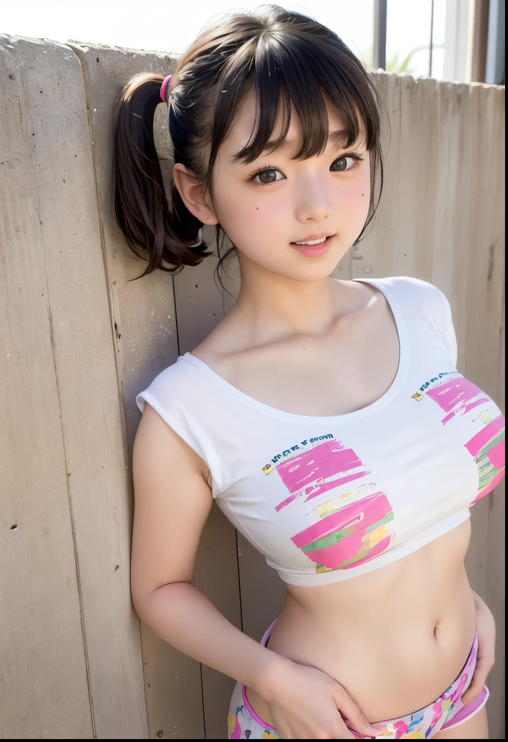 ( Highest Quality,masterpiece:1.3, ultra high resolution),( very detailed、 Caustics) ( exists:1.4, RAW shooting、)Ultra- exists Capture、 very detailed、 Japanese elementary school student wearing a natural skin texture 、masterpiece、(Japanese elementary school students wearing printed towel fabric t-shirts 、 Japanese elementary school girl wearing extremely short pants:1.3)、 adorable expression、expression of joy、、: 、babyface、 Innocent Girl、 is amazingly cute、Twin Tail Hairstyle and Wet Nipples、 black hair、Big Breasts、 Shining thighs、Residential Sidewalk 、Background details、smile、 charming gaze 、( anatomically accurate)、 ATTENTION TO DETAILS 、standing with back against wall、