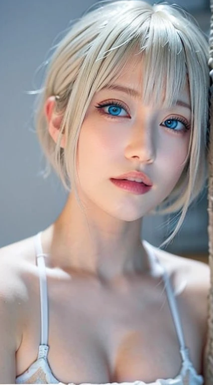 Beautiful and fair、Glowing Skin, 3 Up, Nice, bright, Refreshing and gentle look, Perfect beautiful face、Blonde Short Hair,Beautiful shiny bangs, Very beautiful 17 year old girl, eyeliner, so perfect and beautiful、big, clear, Sky blue eyes,Very large breasts,The original skin is visible through the grooves,athlete