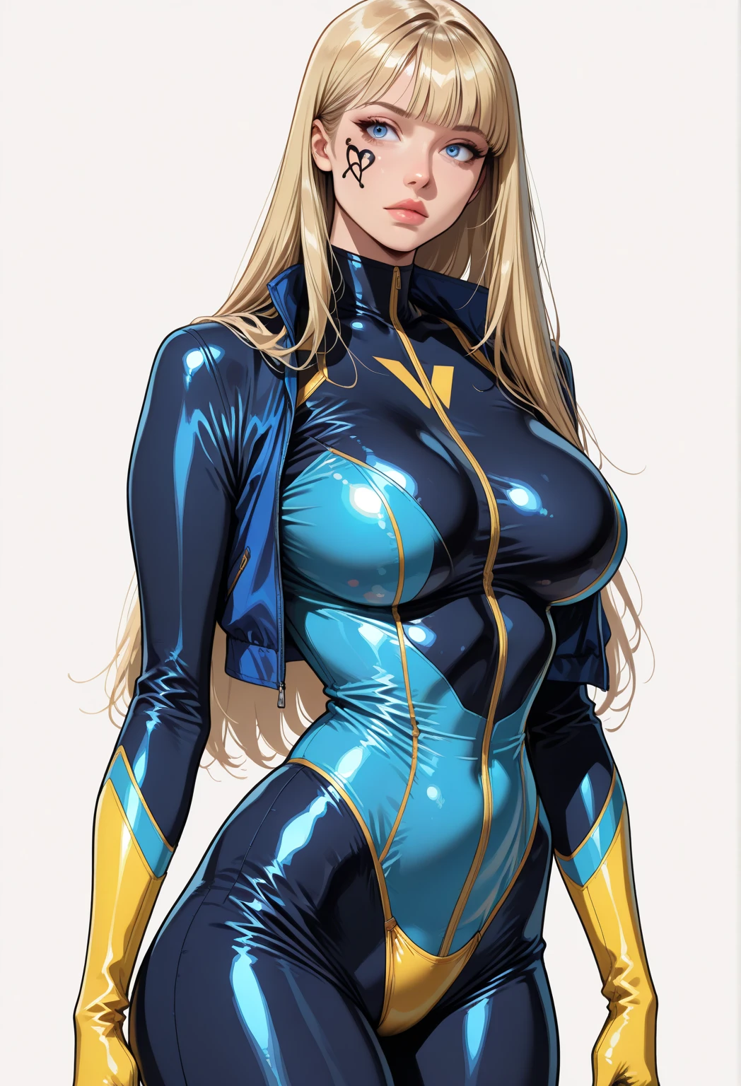 (anime,masterpiece, top quality, best quality,beautiful and aesthetic:1.2,professional illustrasion:1.1,ultra detail:1.3, official art, professional illustrasion, Ultra-detailed depiction, Ultra-precise depiction, extremely detailed 8k illustration, highres, ultra detailed painting, soft shadows), (girl), samus aran , cool beauty, milf, glossy, (blond long hair), (ponytail), big breasts, perfect body, pubic hair, blue Samus Aran suit, thin see-through suit,