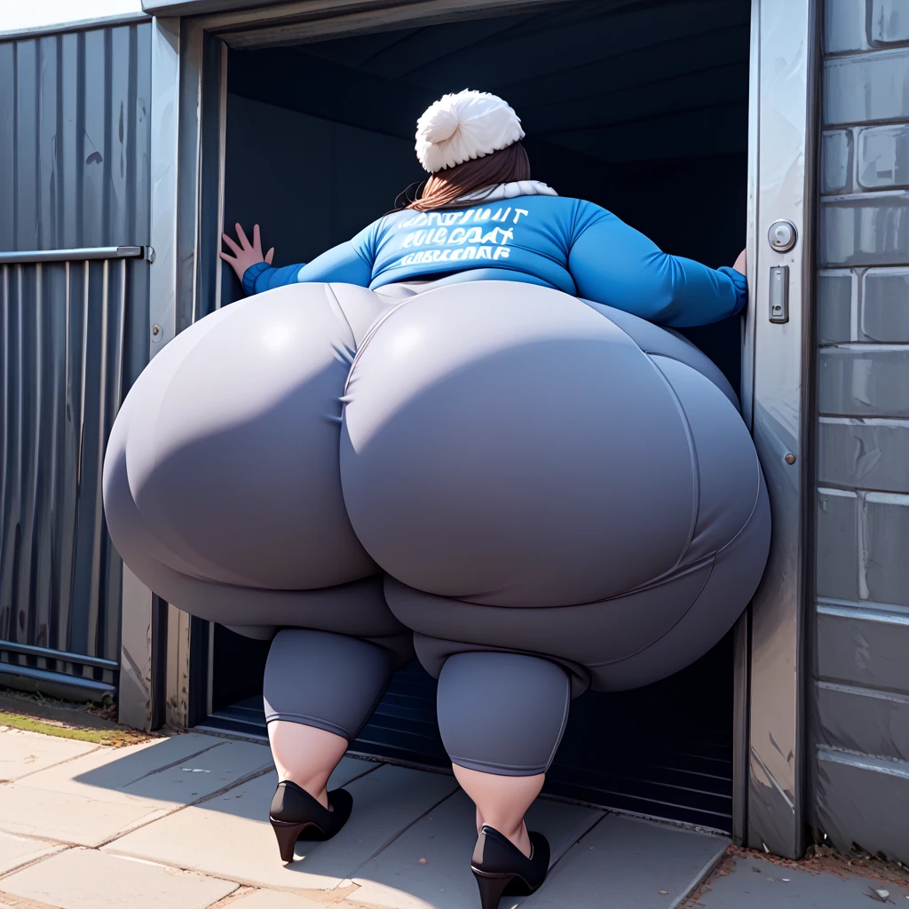 Thick bottom heavy, curvy, wide hipped 30 year old british woman, she is wearing a business suit, she is laying on her belly, she gets bloated and inflated like a gigantic fat air baloon, she is laughing as her wife rolls her giant balooned body out of the office