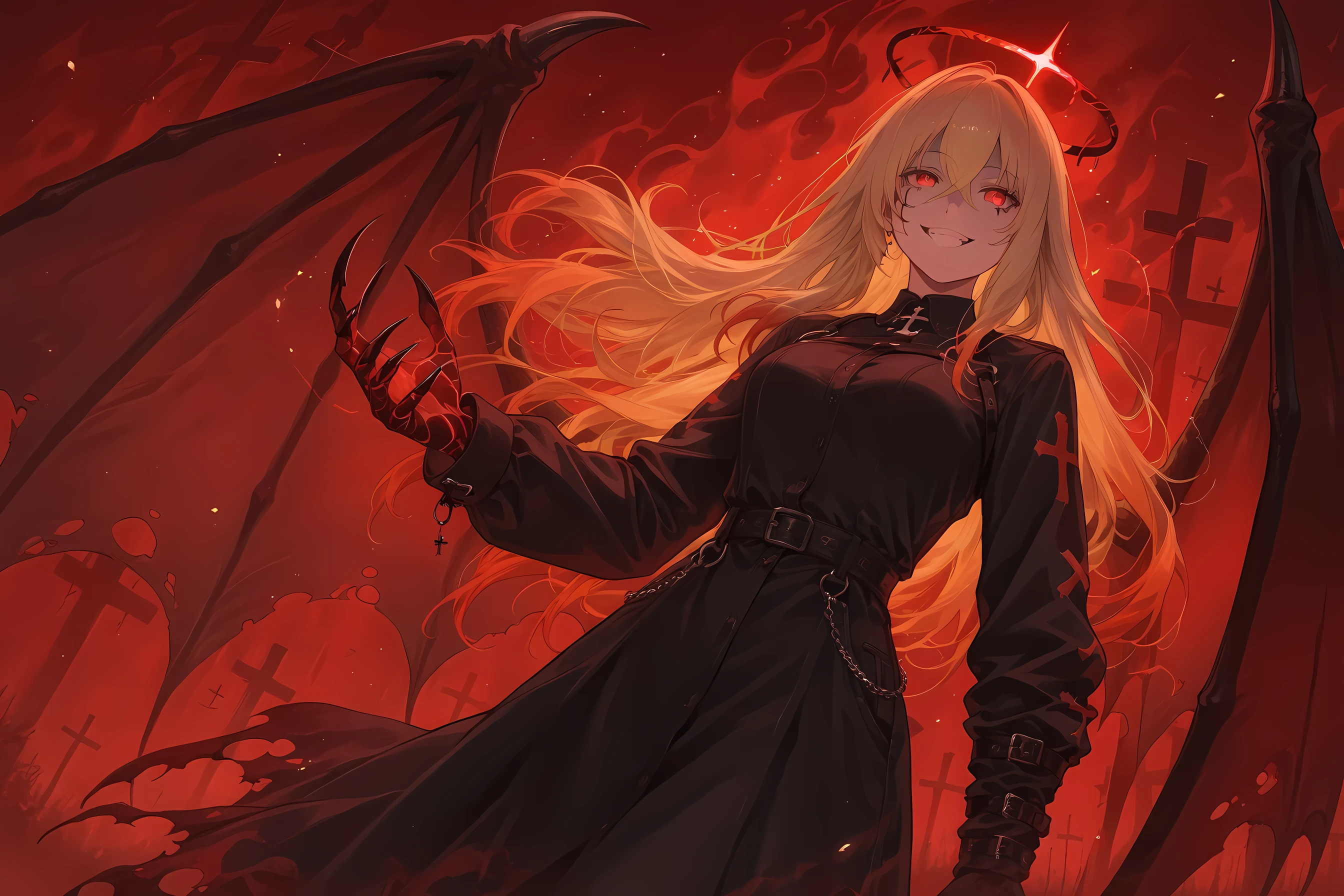 Image is a digital illustration featuring a fantasy character with a dark, gothic style. The subject is a female figure with long, flowing blonde hair, highlighted by a glowing red halo above her head. Her skin is pale, contrasting with the deep red and black tones of the background. She has sharp, red eyes and a confident, mischievous smile. The character is dressed in a long, black coat with intricate details, including crosses on the sleeves. Her hands are claw-like, adding to the menacing appearance. Large, bat-like wings extend from her back, blending into the fiery red backdrop that resembles a hellish landscape. The overall composition is dynamic, with the character positioned slightly off-center, creating a sense of movement and power.