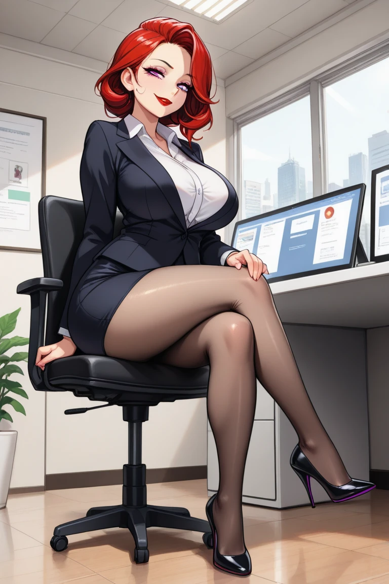 score_9, score_8_up, score_7_up, score_6_up, score_5_up, score_4_up, mature businesswoman sitting on chair in office looking at viewer,