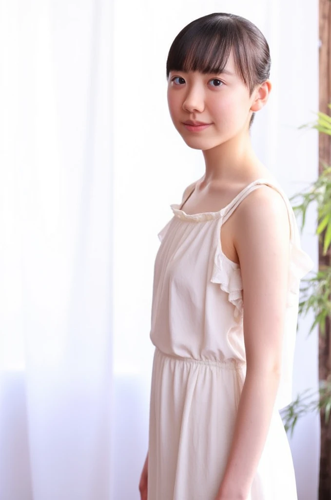 fashion model photography, ballet dress, strong sense of design, medium shot, Japan girls at 12 years old, Short hair, Hair Accessories, Delicate skin, Smile, Simple background, High Texture, Glare backlight, Professional Studio Lighting
