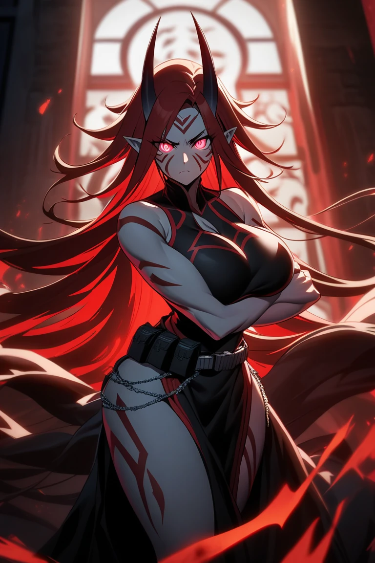 This character is a woman with an imposing and captivating appearance. She has long, flamboyant red hair that falls elegantly over her shoulders and down her back. His eyes are an intense red, adding an aura of mystery and danger. She has a pale complexion and fine facial features, with lips often drawn into a slight, enigmatic smile. She wears a sophisticated outfit, probably a dark uniform or suit, which reinforces her professional and serious appearance. His posture is straight and confident, exuding unwavering confidence.