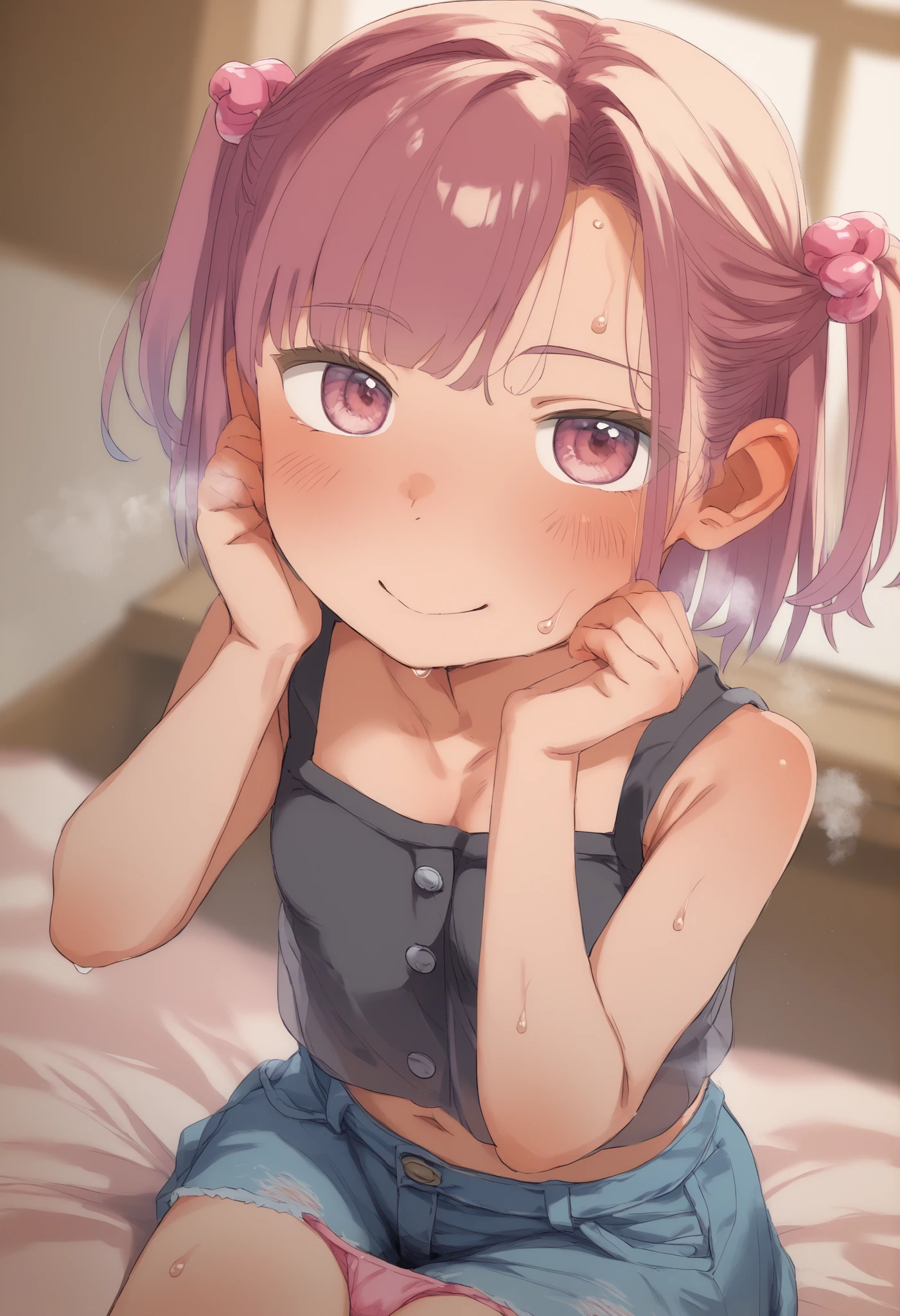 girl 1 person 、solo、、steaming body、Partially Opened Buttons、(See-through clothes that let your hair through、Sweat stains、:1.3)、Grab clothes 、underwearを掴んでいる、 pants removed、underwear、chest、large pink cotton panties that run through hair、stare at the viewer、 unworn panties 、Younger than my daughter、 Gold、two side up、Short hair、hair ornament、cute、大きなchest、short、small、I'm slender 、black tank top、 denim micro skirt with ankle strap 、female 、smile、stare at the viewer、、masterpiece、最High Quality、High Quality、Very Aesthetic、absurd、newest、cinematic writing、bedroom、