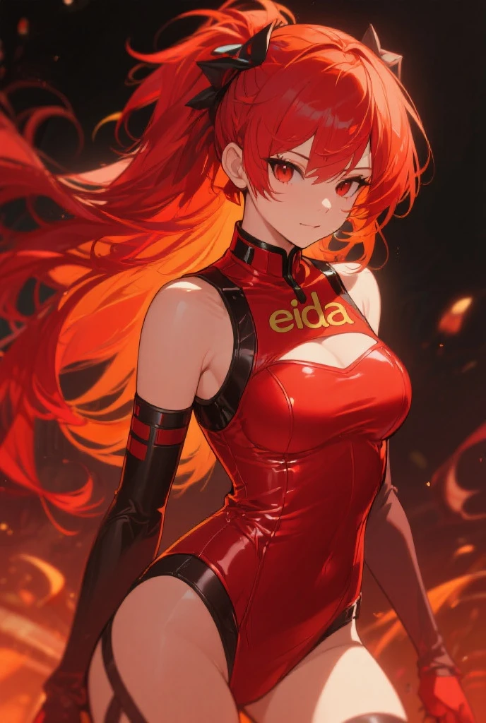 Fury of the red light orb, personified as a beautiful woman with scarlet red hair, white skin and glowing eyes, (goddess-like)
