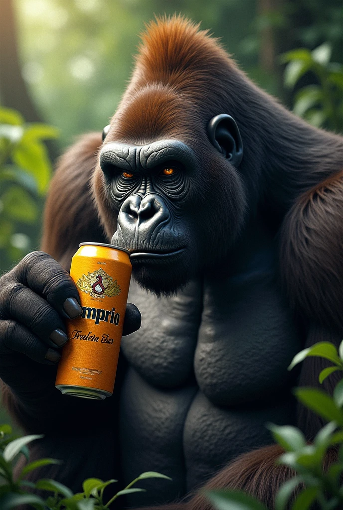 gorilla, animado, bebendo suco de laranja, feliz, alegre, mesa de madeira