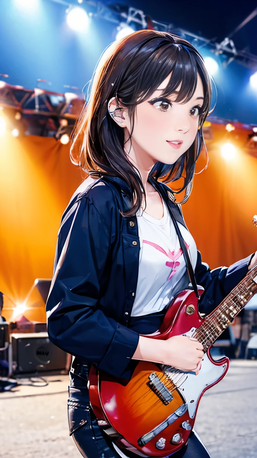 (A female music band performing at a music festival:1.5)