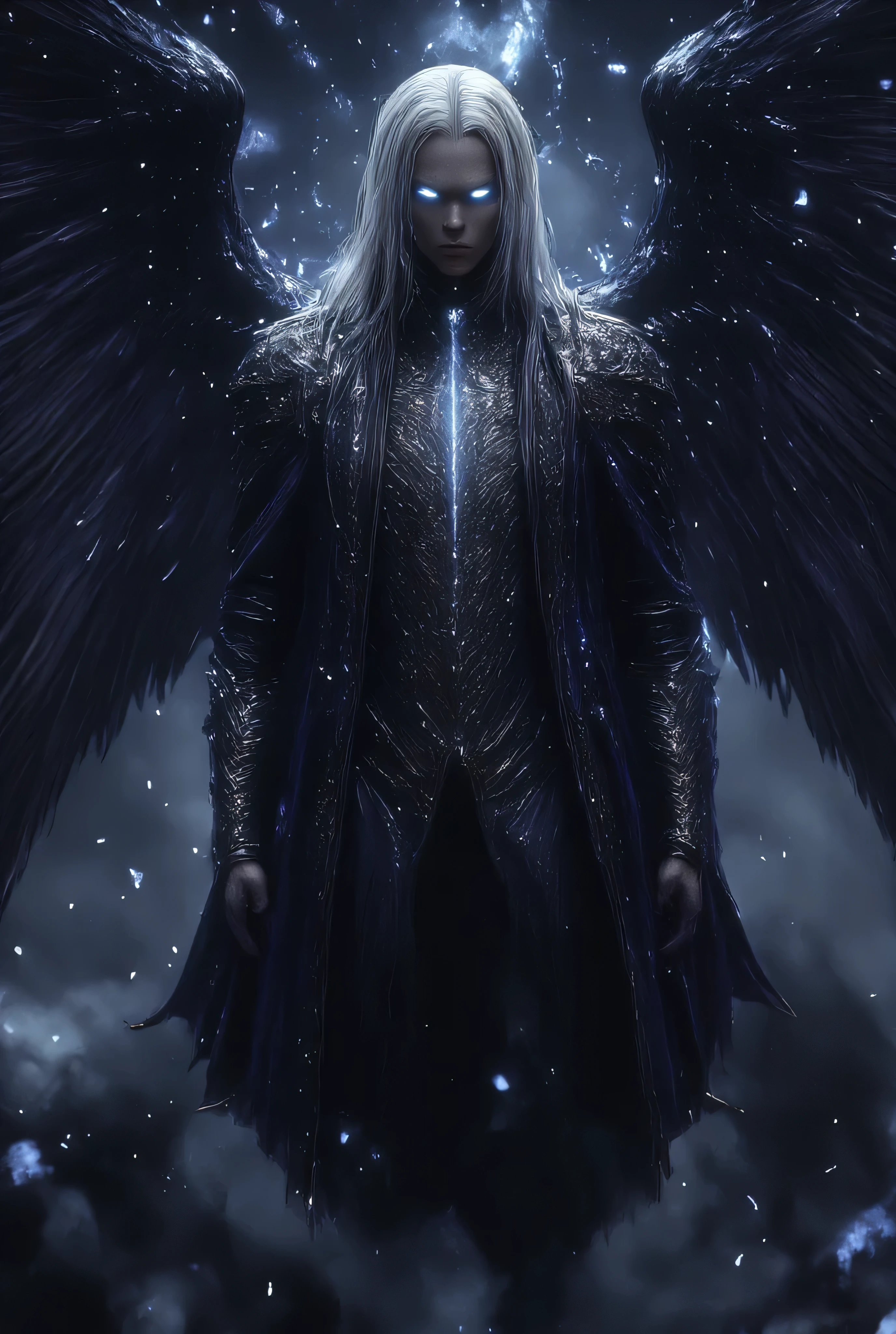Hyperreal Cinematic Full body shot of an imposing man with long, luxurious white hair and bright piercingblue eyes behind sharp, handsome aquiline facial features. He is impeccably dressed in a sleek, black, high-collared coat and tailored vest with intricate angelic script in silver, giving him an elegant yet mysterious appearance. Slim but wiry and tall with the casual arrogance of a King, large wings spread outward glowing with blue fire, illuminating the dark, cosmic background with shades of indigo and purple. The lower part of his coat appears to be smoking, adding to the dramatic, supernatural atmosphere. The overall scene is intense and otherworldly, blending elements of dark fantasy and celestial power, nobility mixed with something one shouldn't see. The whole thing is incredibly detailed., both the handsome being of radiance and the swirling energies. Hkevil
