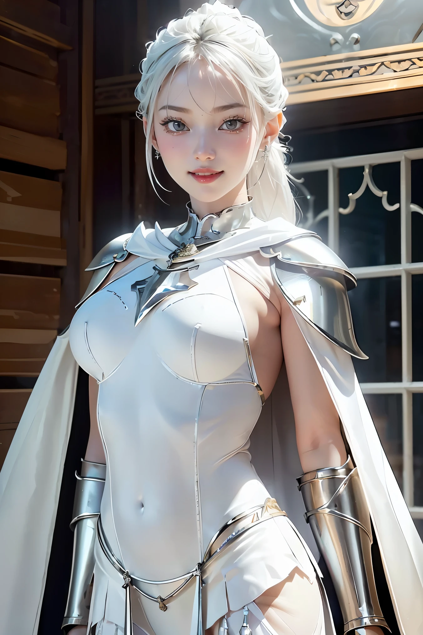 8k, masterpiece, RAW Photos, Highest quality, Realistic, 非常に精細なCG Unity 8k壁紙, Depth of written boundary, Cinematic Light, Lens flare, Ray Tracing, (Very beautiful face, Beautiful Lips, Beautiful Eyes), Exquisitely detailed face, ((Highly detailed skin)) One Girl, In the Dark, Deep Shadow, Attractive Russian Model、Nata Lee, ((View your viewers)), (A seductive smile), (Blurred Background), (Large Breasts:1.5), Earrings, bracelet, necklace, Clear Eyes, castle room, Holding a sword, Front shot, (Pale skin), Look forward, (Big eyes), ((Upper Body Shot)), (Camel Toe, shape), ((nice (White Metal Armor) White cape design:1.5)), (Umbilical cord prolapse:1.5), Light blonde hair, (ponytail), ((A seductive smile)), ((Camel Toe)).