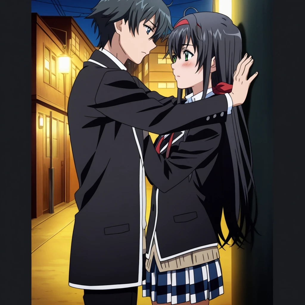 a boy and a girl, 1boy, 1girl, library, upper body, cowboy shot, (couple, kissing)
ADDCOMM
(masterpiece:1.2), best quality, ultra-detailed, finely detailed, perfect hands, ultra-detailed hands
ADDBASE
<lora:hachiman_hikigaya_v1:0.6> hachiman hikigaya, 1boy, blush, dot pupils, ahoge, grey eyes, black pants, school uniform, black jacket, open jacket, white shirt, belt
ADDCOL
<lora:yukino_yukinoshita_v1:0.6> yukino yukinoshita, 1girl, blush, blue eyes, hair ribbon, school uniform, black jacket, plaid skirt, thighhighs