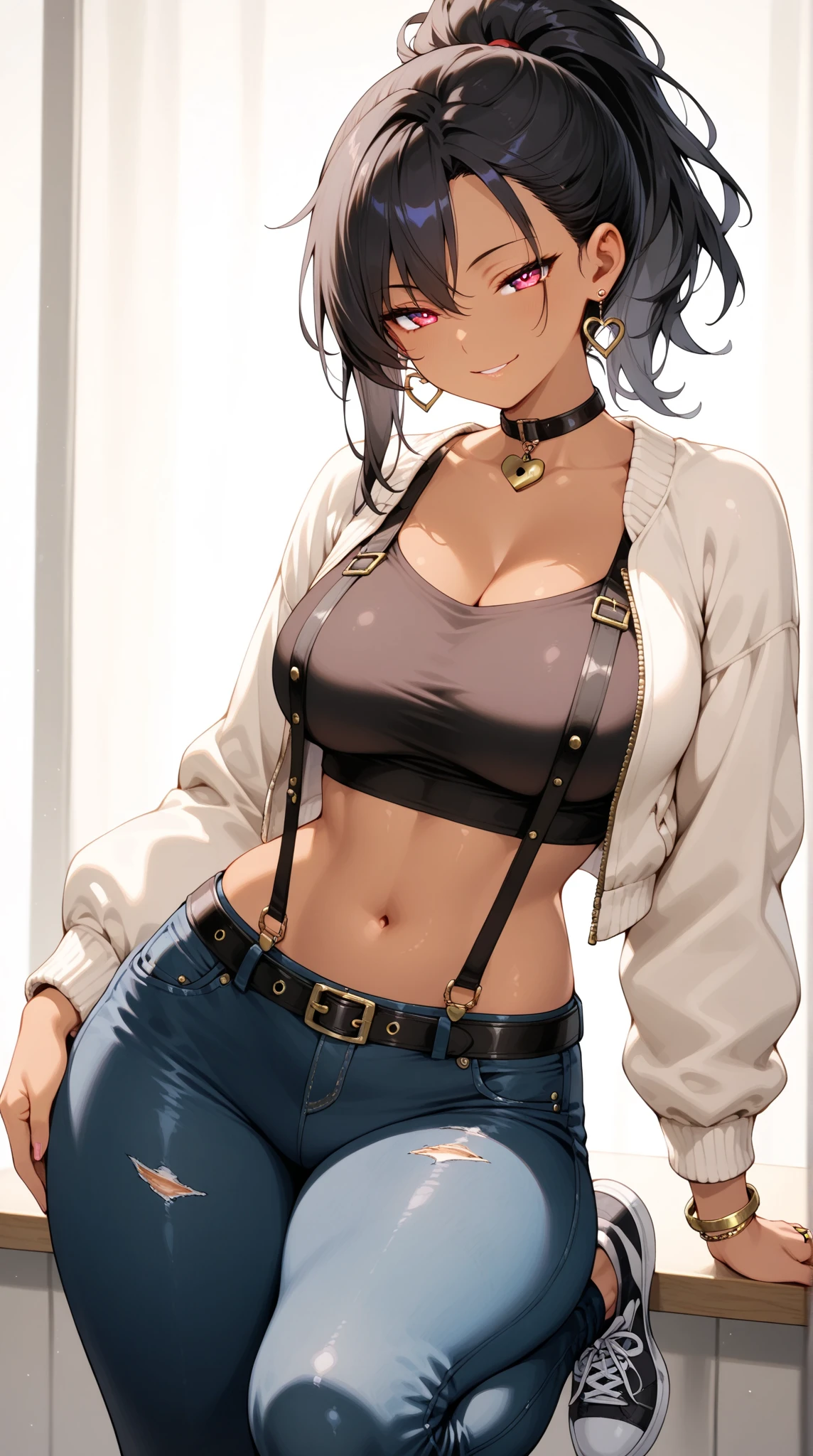 absurdres, High resolution, Super detailed, (mature woman1名:1.2), (dark brown skin:1.4), abs,woman, Dynamism,forward leaning posture、intricate details,well-developed abs、(black hair)、she looks away, Loose-fitting clothing、(White background:1.5)Pure white room、Blurred Background、An outfit that reveals the navel、Short Hair、Pure white clothes、Plump body、、No sleeve、Turtleneck Costume、Overalls、Fishnet tights、Jacket、Pure white outfit、Stage Costumes、Seaside cafe、Sitting in a highchair