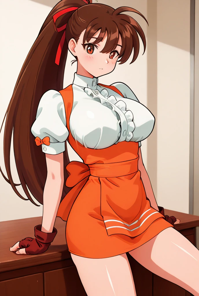 makima \(chainsaw man\), best quality, ultra detailed, 1girl, solo, standing, red hair, long braided hair, golden eyes, bangs, medium breasts, white shirt, necktie, stare, smile, (evil:1.2), looking at viewer,wallpaper8K,(masterpiece, high quality:1.1),nsfw,sexy dress,