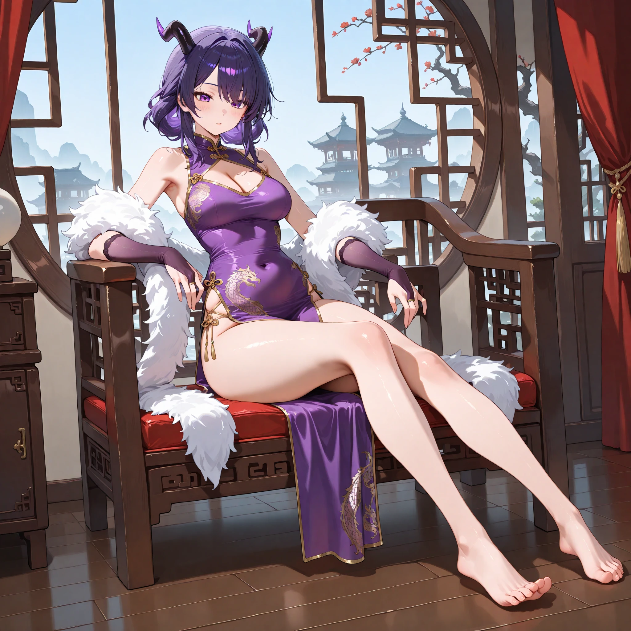 score_9, score_8_up, score_7_up, read description, master piece, beautiful_face, detailled_face, cute_face, score_9, score_8_up, score_7_up, high resolution, masterpiece, high quality, best quality, highly detailed, rating_questionable, 1girl, melty, smile, looking looking at viewer, short, , large breasts, (purple china dress:1.5), blush, thick thighs, wide hips, shiny skin, akizerop, Melty Q Melromarc, meltyqmelromarc