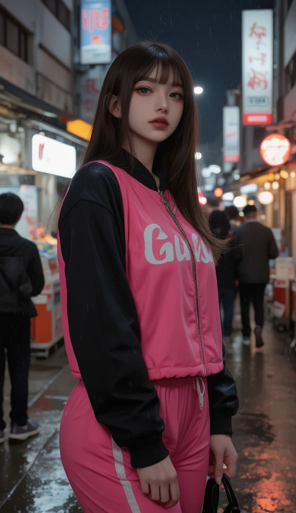 (Hyper-realistic) , (illustratio), (Increase the resolution), (8K), (RAW photos,best qualtiy),(realisticlying,photograph realistic:1.3),best qualtiy,highly detailed,tmasterpiece,Hyper-detailing,one-girl,Stylish sweatshirt, Windbreaker long skirt,Poster on the front。