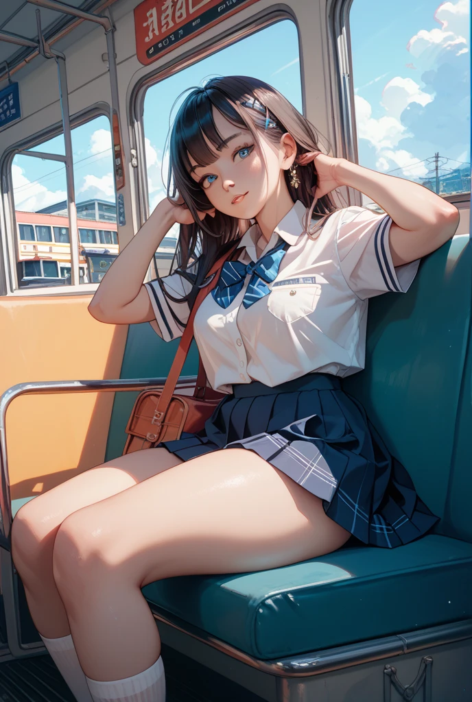 (masterpiece:1.3), (8K、Realistic, RAW Photos, Highest quality:1.2), ((A cute, beautiful girl is staring at me on the commuter train)), (Very beautiful 14 year old Japanese girl), (1 Girl), (soro), (cute:1.3), Symmetrical perfect face, nice smile, Red cheeks, (Skin with attention to detail: 1.2), Photorealistic Anime Girl Rendering, Realistic anime 3D style, Beautiful brown bob hair, Intense black eyes, Strong eye highlights, (Accurate and natural normal size breasts), Perfect Anatomy, My hair is messy, (Sailor suit), ((Navy colored white short sleeve shirt, High school girl , Navy Pleated Skirt, navy blue plaid bow tie, mini skirt)), (Luxury silk bra and panties), Accurate Arm, Five Fingers, Accurate legs, morning, (Beautiful Landscape Background), (Downtown), On the bench, get up, Volumetric lighting, Soft Light, bright, neon, bright colors