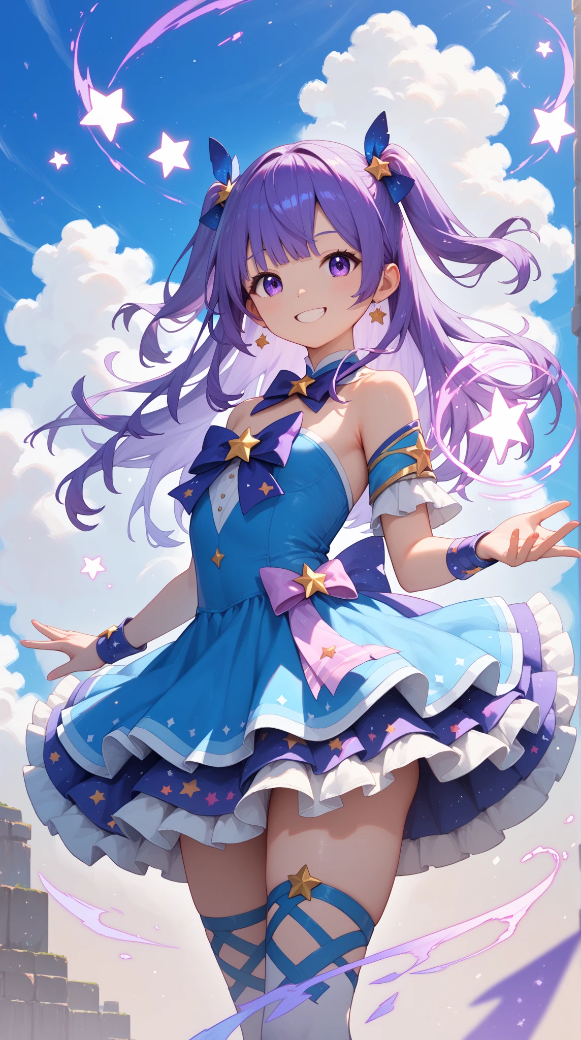 (((Panty shot)))、mini skirt、(((Rainbow Magical Girl Costume))、Beauty、(((Purple Hair Ponytail)))、((whole body))、(((photo taken from below)))、night sky