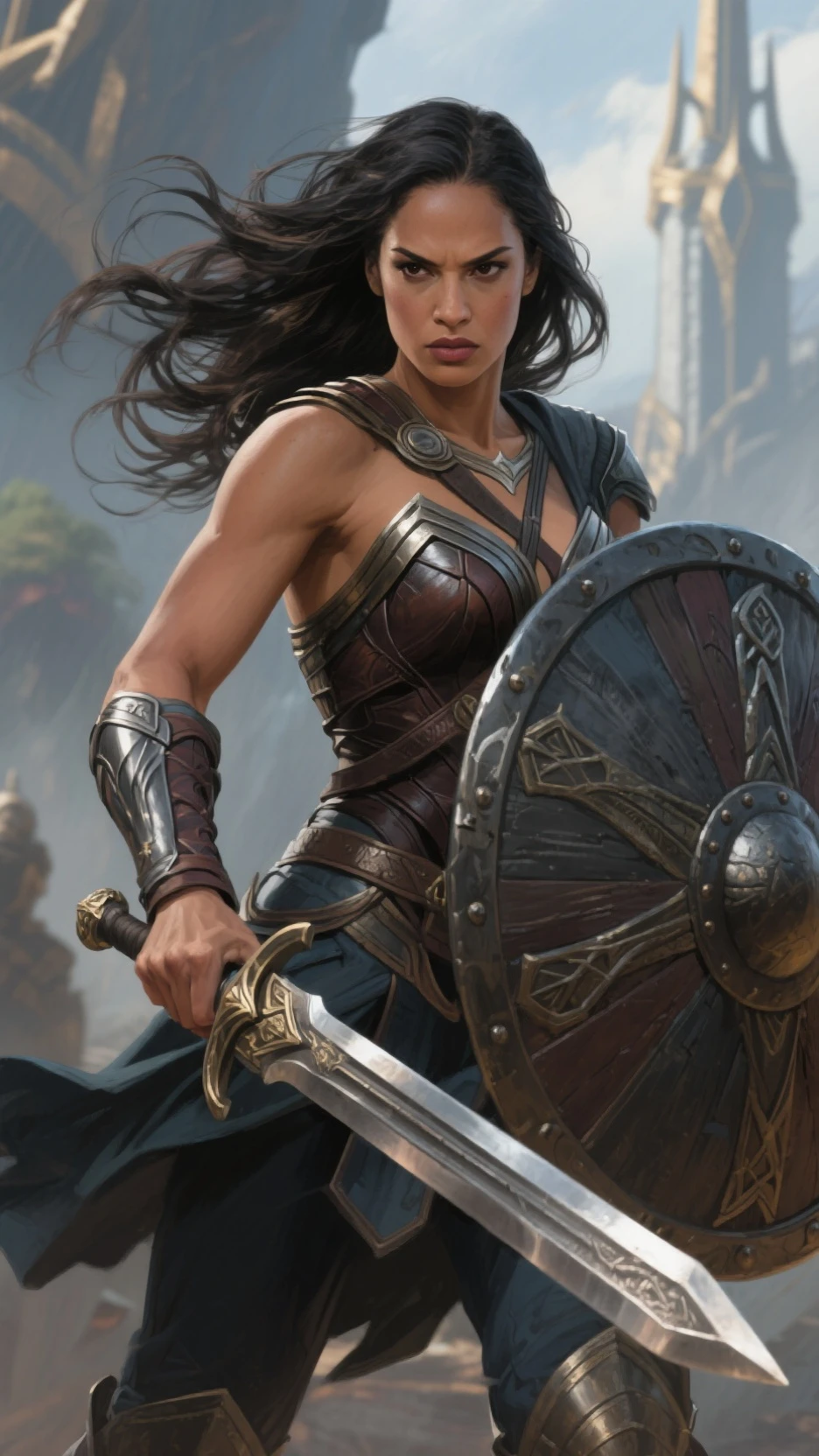(masterpiece, top quality, best quality, official art, beautiful and aesthetic:1.2), (1girl:1.3), dark brown hair in a huge ponytail, extremely detailed, portrait, looking at viewer, solo, (full body:0.6), detailed background, close up, (hot summer coliseum theme:1.1), human gladiatrix, charlatan, mysterious, walking in forest, revealing bronze gladiator armor, spear and shield, metal bikini, topless, tits out, brown leather, cowl, cloak, bracers, armor, gauntlets, helmet, facemask, long boots, buckles, straps, light grey fabric, brown leather, gigantic breasts, cleavage, skindentation, slim waist, slim hips, long legs, medieval (coliseum arena exterior:1.1) background, dark mysterious lighting, shadows, magical atmosphere, dutch angle, (((Balsamique)))