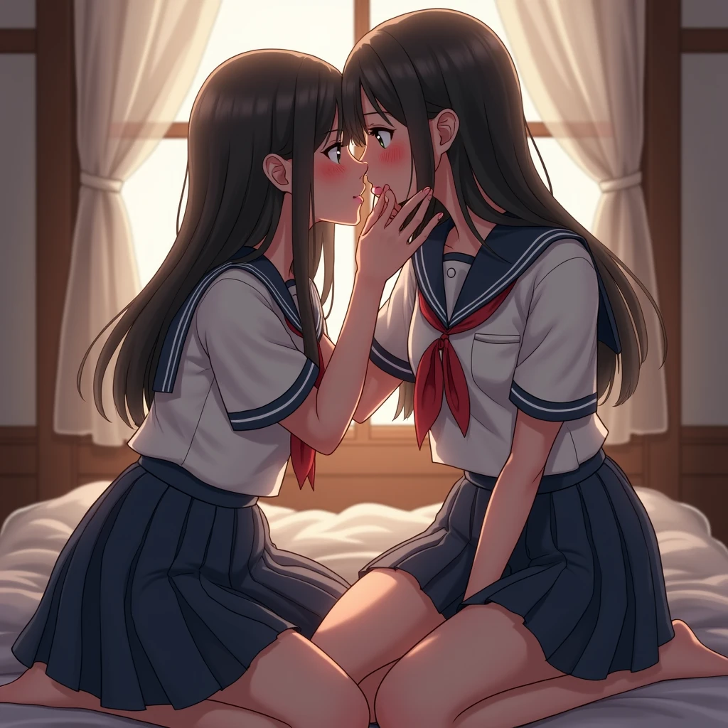 A mother with her little daughter kissing passionately in front of others, while both dressed in a school outfit showing abit of their tummies