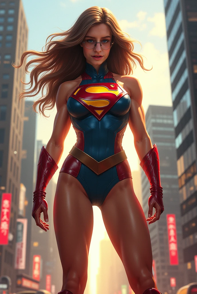 Ana de Armas, muscular busty superwoman, strong biceps and abs, huge breasts, red superwoman costume with blue details, ruined city background, Ana de Armas' face, repair hand