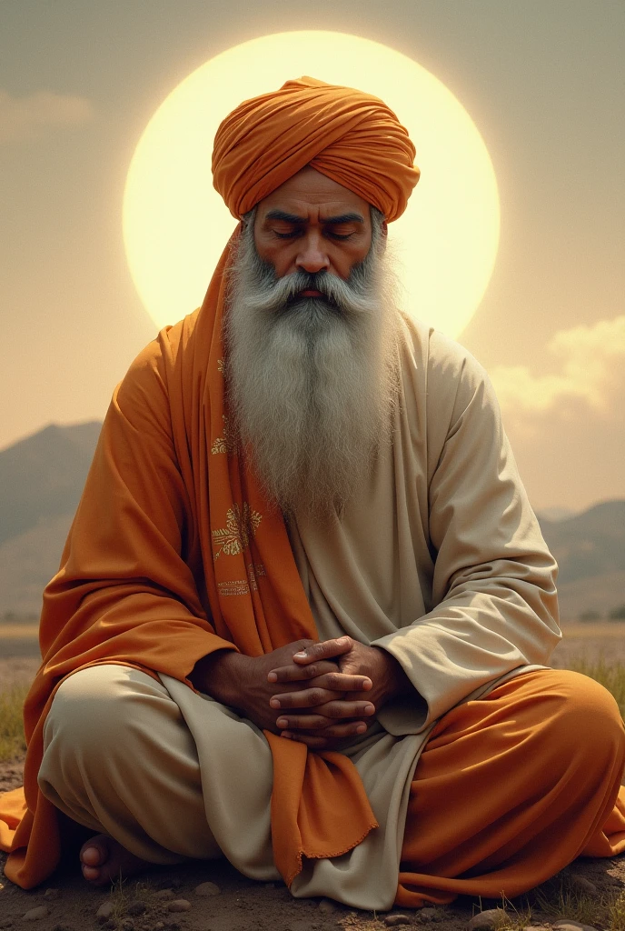 Sikhman with long beard meditating in jungle close up potrait with closed eyes ,radiant light hyper realistic white beard , calmness on face