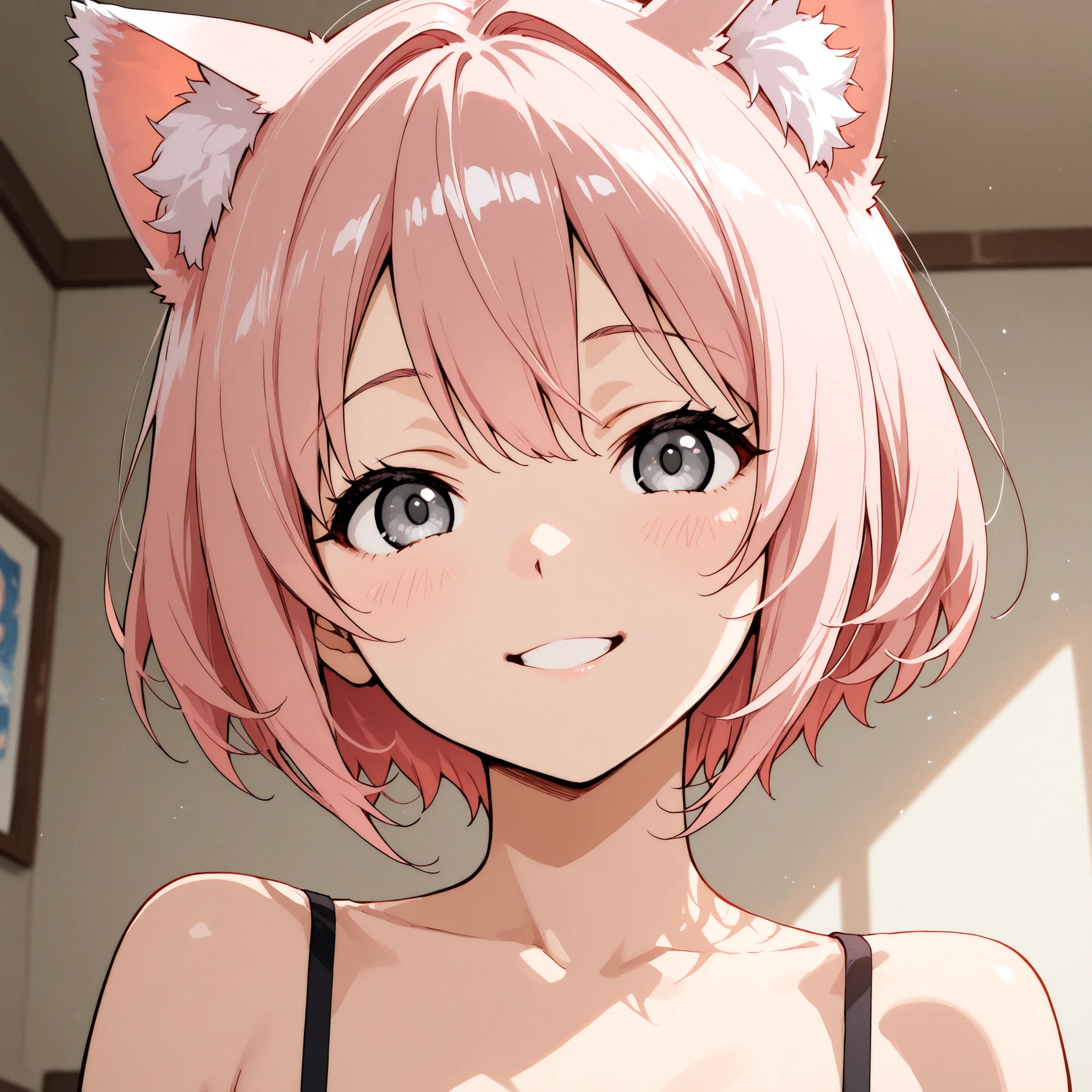 (Best quality:1.1), (Masterpiece:1.4), (Illustration fantastique:1.2), 1fille, ((bimbo)), Cute girl, Short tied pink hair, a large lock of hair covering one eye, fox ears, blue eyes half open and half closed, pink cheeks, open mouth, tongue hanging down, drooling saliva.