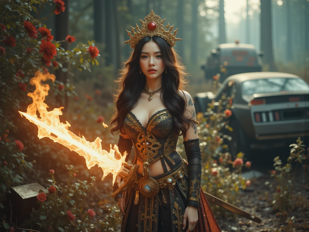A fire sprite (cute yuna, patches of flame dance on her skin, sheer flaming dress very revealing, light red skin, deep red eyes, flame hair), seductive graceful dance, setting woods aflame
