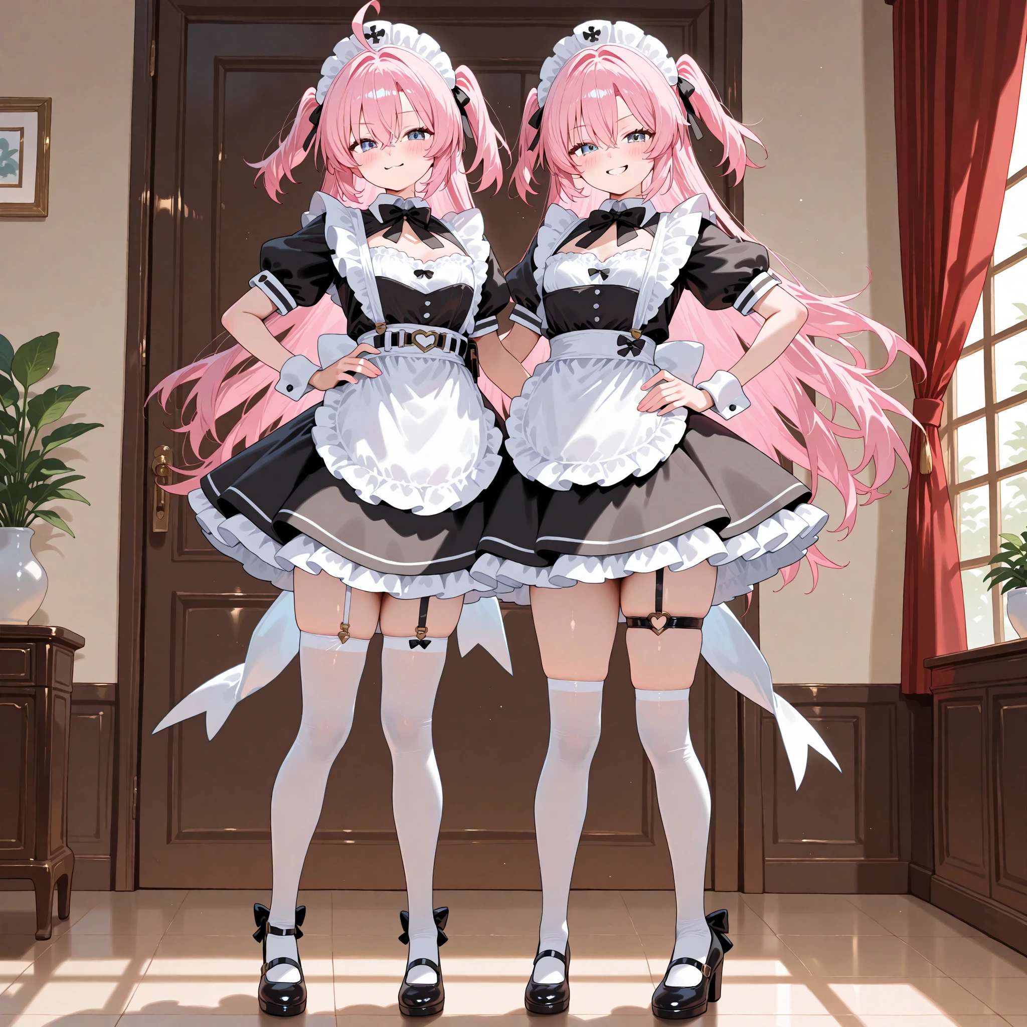 highest quality、masterpiece、((2 girls:1.5))、((smile:1.3))、(blush:1.3)、Black Shirt、blouse、((fun!!))、(Small breasts)、()、Blonde、(Long sleeve)、((White apron:1.5))、((Maid))、((hair ornaments)),、Kamimei、look at me、 ((in house:1.5))、 Taking a break from watching the audience、Cowboy Shot、(Skirt lift:1.3),(Highly detailed pink striped panties:1.3)、(Highly detailed panties:1.3)、、(スカート that rolls up:1.3)、(Panties fully exposed:1.5)、Light blue eyes、long hair、Glowing Eyes
