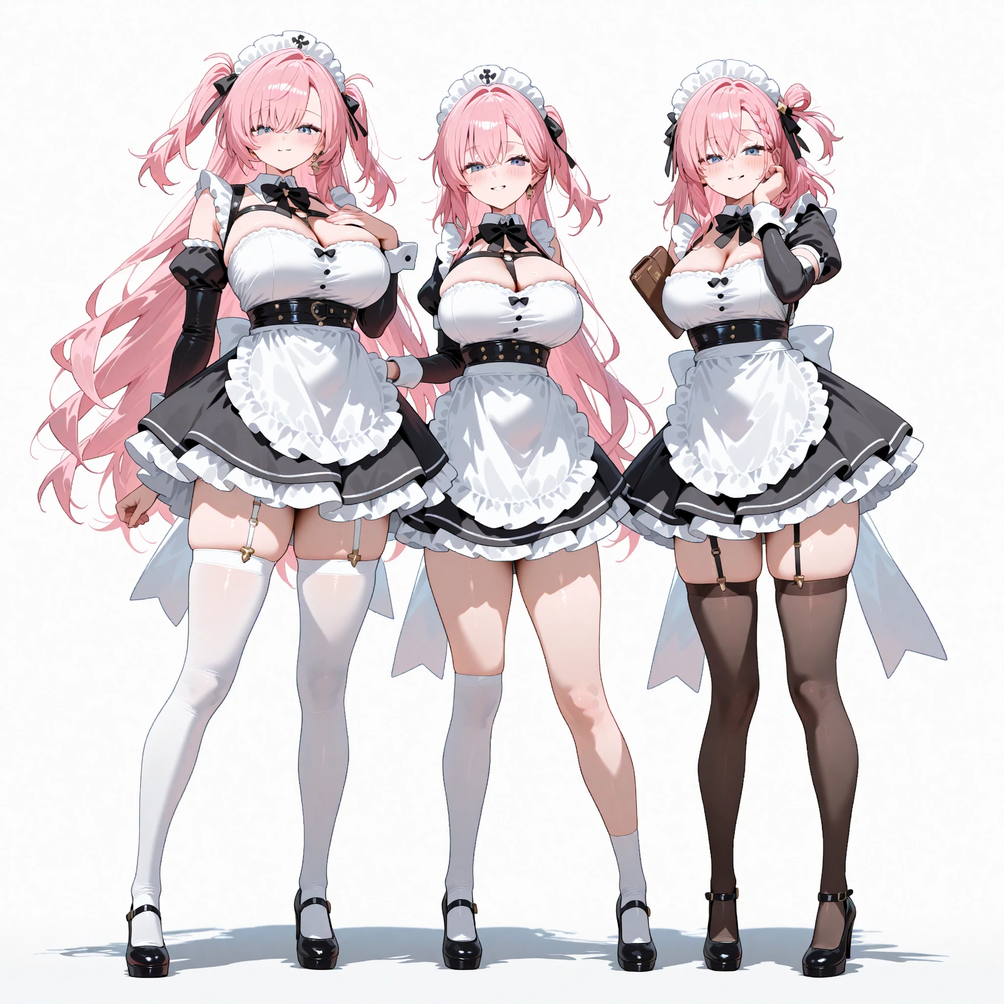 highest quality, masterpiece, ((2 girls:1.5)), ((smile:1.3)), (blush:1.3), Black Shirt, blouse, ((fun!!)), (Small breasts), Blonde, (Long sleeve), ((White apron:1.5)), ((Maid)), ((hair ornaments)), Kamimei, look at me, ((in house:1.5)), Taking a break from watching the audience, Cowboy Shot, (skirtlift:1.3), (Highly detailed pink striped panties:1.3), (Highly detailed panties:1.3), (skirt that rolls up:1.3), (Panties fully exposed:1.5), Light blue eyes, long hair, Glowing Eyes