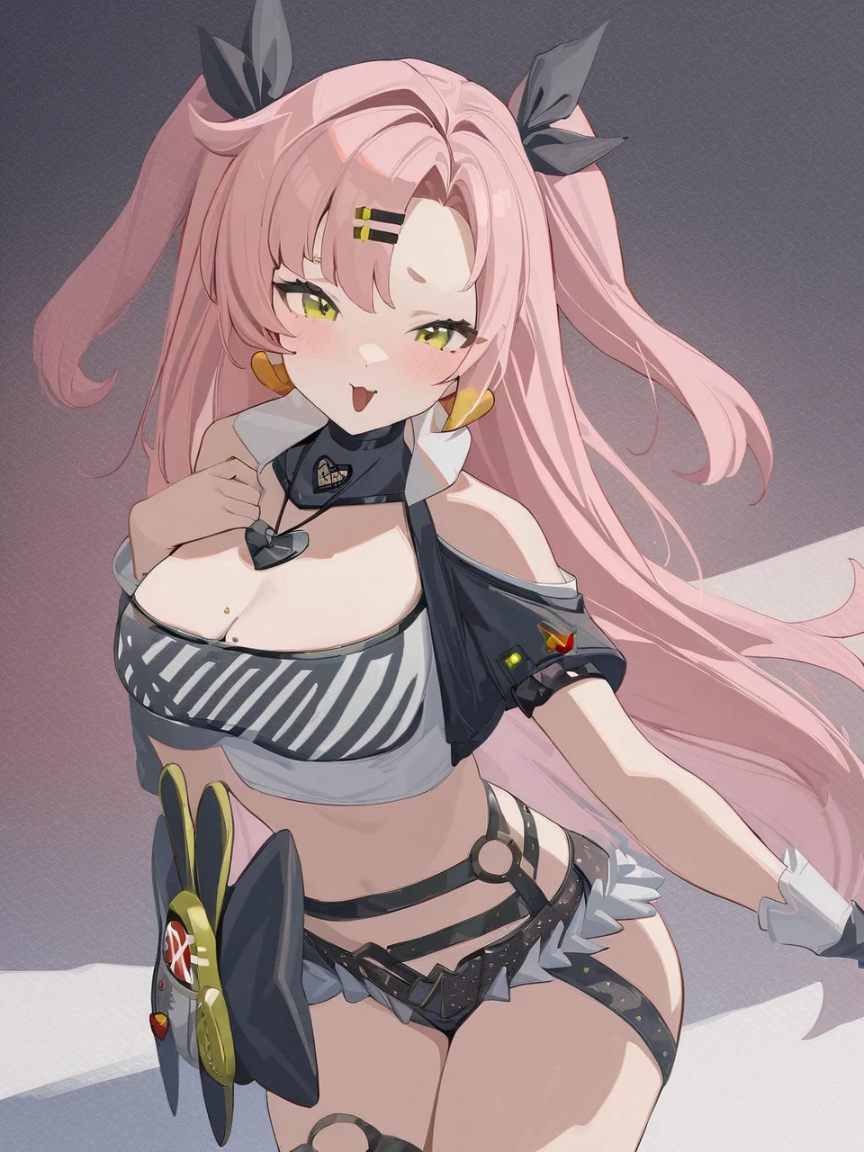 score_9, score_8_up, score_7_up, 1girl,,two_side_up,solo,large_breasts,highres,nicole_demara,1girl,hair_ribbon,crop_top,looking_at_viewer, full_body,looking at viewer,,masterpiece,best quality,absurdres,newest,higher