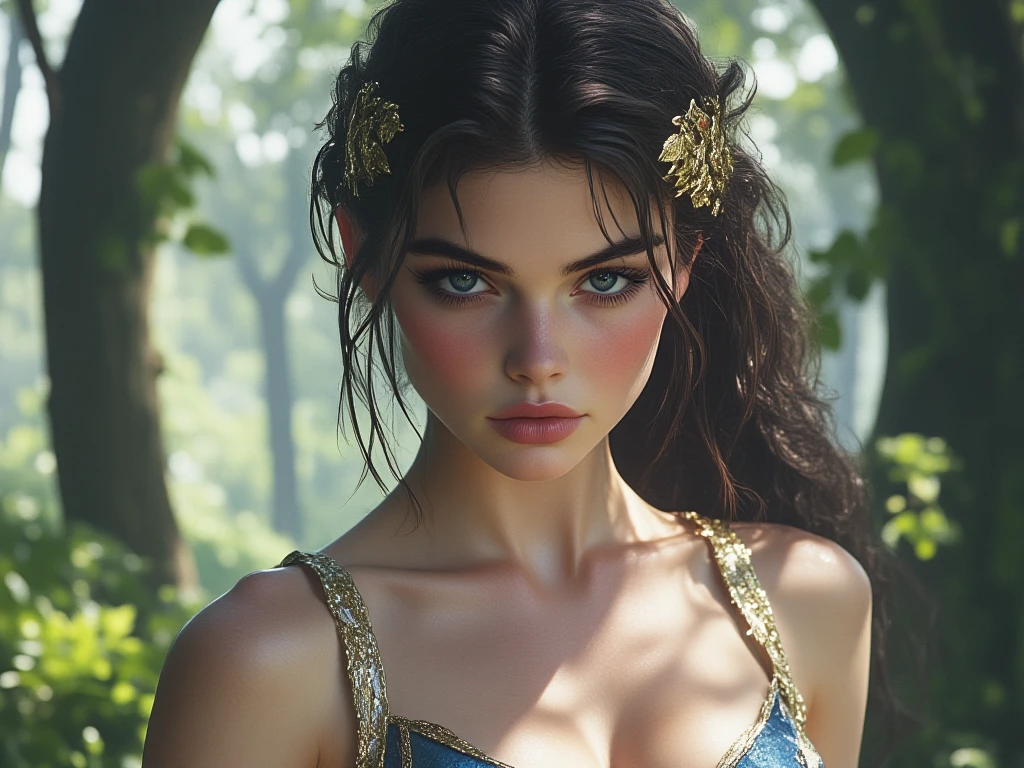 Full shot, (photorealistic:2), a stunningly beautiful young woman stands in front of a picturesque tropical forest with an oval-shaped and perfectly beautiful European face, bright blue eyes with long and fluffy lashes, dark eyebrows, and a small and slightly plump mouth. She is a European Slavic woman with snow-white curly hair falling down to the ground. Her body has hyper-detailed features and is graceful and slender with fair skin. She is wearing an ultra short transparent organza dress with a deep neckline and a cut-out design. The dress reveals small breasts and erect She is wearing elegant crystal shoes and has a crystal tiara with sapphires on her head and a precious beryl and emerald necklace around her neck. The photo has a high resolution with sharp and clear details. The soft backlighting creates a silhouette around the woman's figure, while the filling light softly illuminates her face and body. The colors of the photo are cinematic, resembling a work of art gallery, with a style similar to that of William Martenson:2 --auto --s2