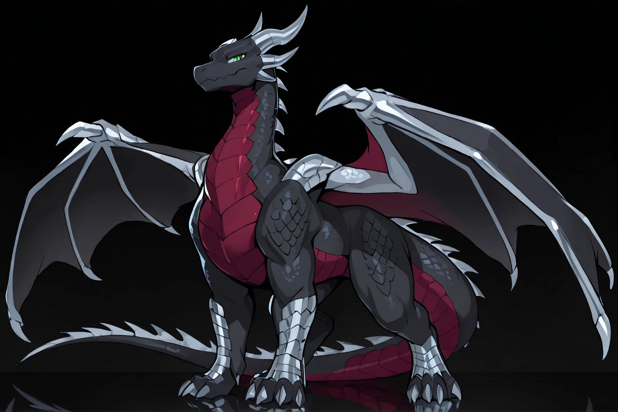 anime style, anime shading, clean lines, masterpiece, best quality, full body picture, centered, enderdragon, (feral), dragon, large adult dragon, female dragon, 1girl, long horns, wings, claws, tail, green eyes, perfect eyes, ((overlapping red chest scales)), dark silver scales, metallic scales, silver horns, metallic horns, tall, flat chest, dark background,