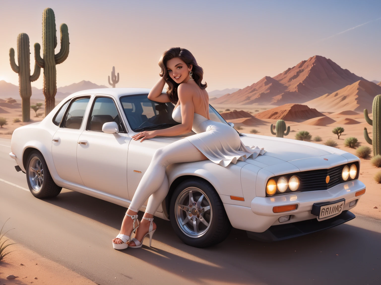 An angelic woman with wings and ethereal clothing, leaning against a celestial beautiful classic car in a glowing desert.