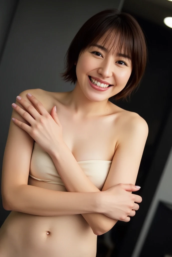pubic hair,Masseter Film, highest quality, masterpiece, High resolution, realism, Original photo, 8k wallpaper, perfection, Professional Lighting, Very detailed, Written boundary depth, ((Beautiful woman)), ((Sexy 40 year old women)),,  ((smile)), Detailed face, Beautiful Eyes,, bangs, She has big breasts and a nice figure, (Sexy look), (Thick lips), small see-through underwear, On all fours