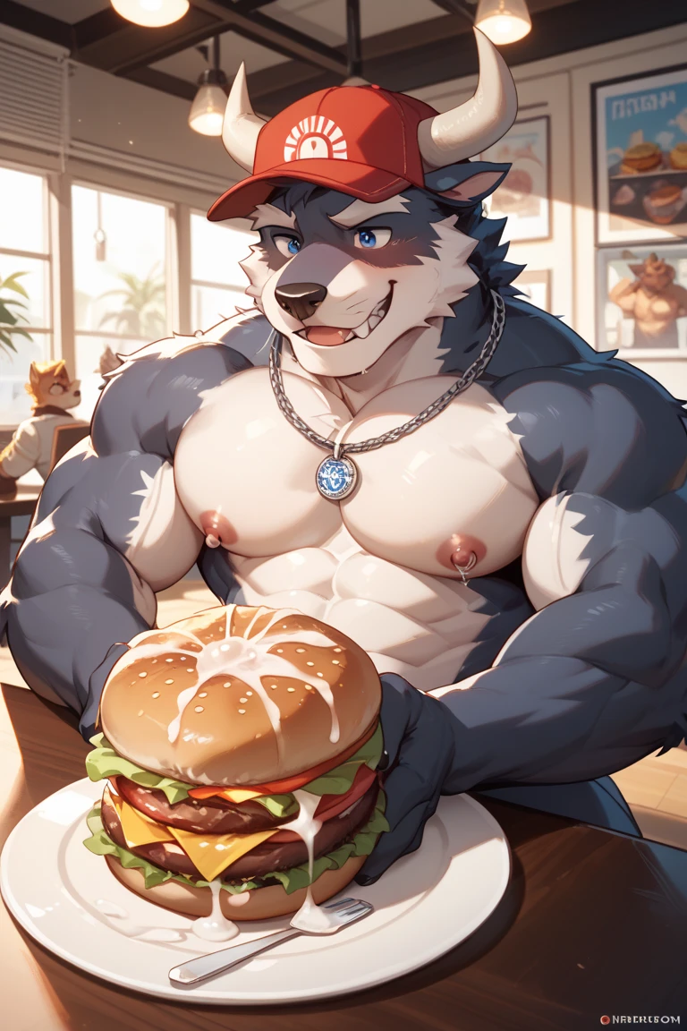 high resolution, (masterpiece: 1.4), (60 years old wolf male), dilf, gray hair, brown eyes, high detail eyes, blue jeans, fly unzipped, (jeans down), jeans open, jeans around thighs, (huge penis:1.1), thick penis, (huge testicles:1.1), (flaccid), flannel shirt, rolled sleeves, buff, muscular, big arms, wide shoulders, chubby, belly, retro, (retro diner:1.2), detailed backround, seated, smiling, by darkgem,