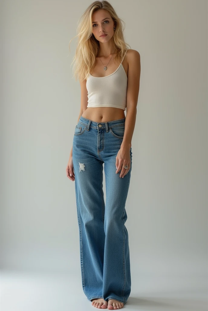 Beautiful blond-haired 1 girl with green eyes. Belly button high slightly wider jeans and white top. With white sneakers. in good shape