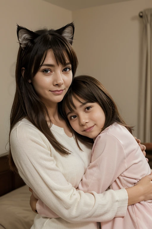 Asian Kids Daughter Hug Asian mother with pink satin pajamas, Long Hair with Bangs, Friendly, Full Body, Living Room, Smile.