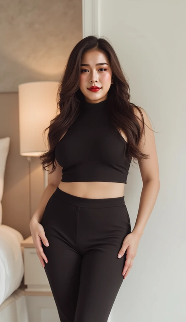 A masterpiece, (((Full image))) All bodies are in the picture, (((Fantastic light action shooter))) (4K photos:1.1) (Clear focus:1.3), high detal, Wearing (Tight shirt:1.2), Beautiful detailed face, Charming woman,Long red hair looking at the camera, It looks like actress Arachporn Pokinpakorn., 松下 Lumix S Pro F 50mm/1.4, , photorealistic portrait, (Attractive girl:1.3), (seduce:1.1), (Red face:1.1), Hourglass chassis shape, Large round breasts, Ass accent, Ass accent, back, Insert copper, full bodyesbian,White Vest, White Vest, White Vest, Black Garters,Overweight,thighs thighs thighs thighs,big assa,Best quality