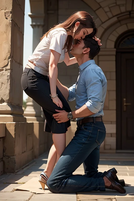 escena entre un hombre y una mujer, donde el hombre impulsa a la mujer para subir una tapia. En la segunda imagen, the woman helps the man who is below, para que ambos superen el obstaculo.
